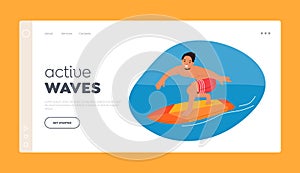 Active Waves Landing Page Template. Man Riding Waves, Surfing In The Sea, Embracing The Exhilarating Experience