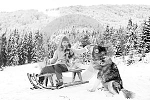 Active winter outdoors games for kids with dog. Happy Christmas vacation concept. Boy enjoying winter, playing with