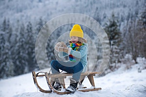 Active winter outdoors games for kids. Happy Christmas vacation concept. Boy enjoying winter, playing with sleigh ride