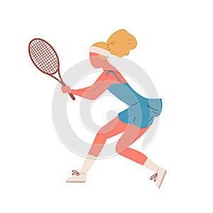 Active woman demonstrate receive position holding racket vector flat illustration. Sportswoman playing big tennis ready