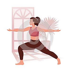 Active woman doing yoga exercise at home or gym vector flat illustration. Flexible female practicing stretching or