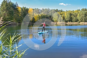 Active woman paddling SUP board on beautiful lake, autumn forest landscape, stand up paddling water adventure