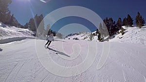 Active Woman Skiing Carving On Mountain Ski On The Highway And Have Adrenaline