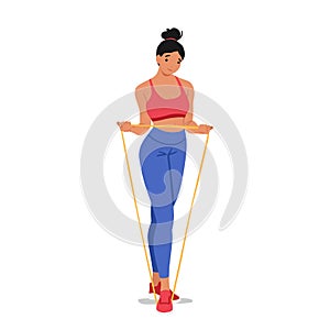 Active Woman Using Resistance Band For Strength Training. Female Character Focusing On Toning And Sculpting Her Muscles