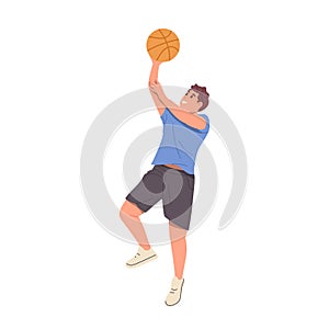 Active young guy basketball player character training throwing ball in basket isolated on white