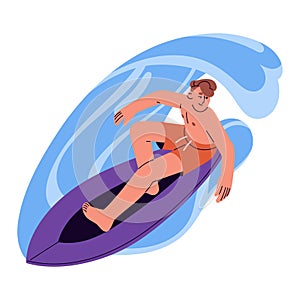 Active young man riding surfboard. Happy surfer catching a wave on board in ocean or sea. Boy surfing on summer holidays