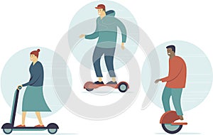 Active young people riding personal electric transport. Electric scooter, hoverboard, mono wheel. Healthy lifestyle, outdoor