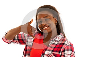 Active young woman gesture call me isolated over white background