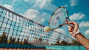 Active young woman holding tennis racket, hitting ball through net on outdoor court