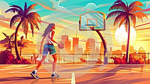 An active young woman playing basketball on a street court. Modern cartoon illustration of a female player dribbling the