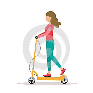 Active young woman riding electric walk scooter. Vector illustration.