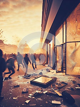 activist crowd , criminal looters vandalize store steal merchandise graffiti paint and break all photo