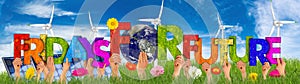 Activist people holding up colorful wooden letter forming words fridays for future and earth globe blue sky green grass. climate photo