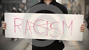 Activist wearing black holds a placard with NO RACISM words