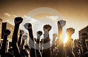 Activists assemble, their elevated fists forming outlines. fists raised in protest and unity. Protests, rally, demonstrators