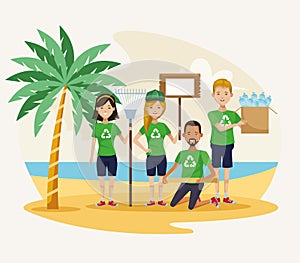 Activists people cleaning beach scene