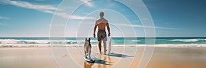Activities with the Dog on the Beach, an Active Young Man and His German Shepherd Dog get ready for Surfing together. standing in
