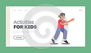 Activities for Kids Landing Page Template. Little Boy with Blindfold Playing Hide and Seek. Active Games for Children