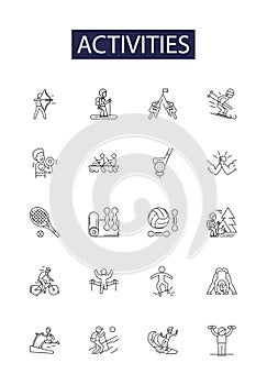 Activities line vector icons and signs. Recreation, Exercise, Exploration, Play, Events, Games, Sports, Tours outline