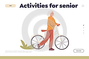 Activities for seniors concept for landing page design template with happy old woman cycling