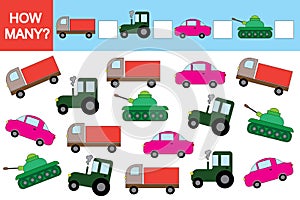 Activity for children. Educational game, How many transports?