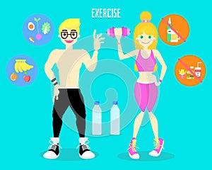 Activity fitness body building work out healthy body in shape with man and woman, exercise and sport concept in blue background