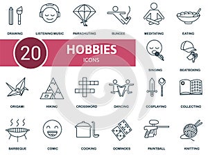 Activity And Hobbies icon set. Contains editable icons activity and hobbies theme such as hiking, dominoes, crossword