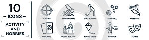activity.and.hobbies linear icon set. includes thin line hunting, golf playing, freestyle, model building, parkour, acting,