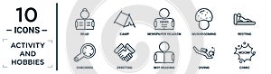 activity.and.hobbies linear icon set. includes thin line read, newspaper readign, resting, greeting, diving, comic, checkers icons