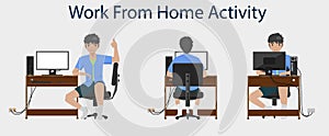 Activity of men use personal computer to work at their desks at home.