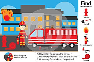 Activity page, fire and fireman in cartoon style, find images and answer the questions, visual education game for the development