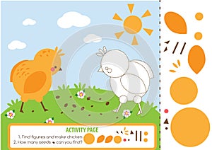 Activity page for kids with chicken. Educational children game. Counting and cutting. Learning shapes and mathematics.