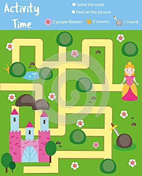 Activity page for kids. Educational game. Maze and find objects theme. Fairy tales theme. Help princess find castle. Fun for presc