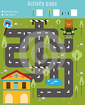 Activity page for kids. Educational game. Maze and find objects theme. Help bear find home. For preschool years children