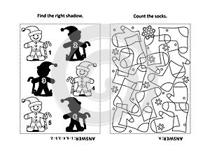 Activity page for kids with puzzles and coloring - gingerbread man, socks