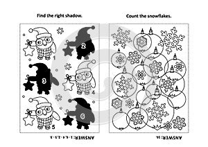 Activity page for kids with puzzles and coloring - owl, snowflakes, baubles