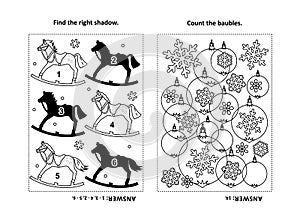 Activity page for kids with puzzles and coloring - rocking horse, baubles, snowflakes