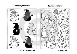 Activity page for kids with puzzles and coloring - snowman, mittens