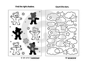 Activity page for kids with puzzles and coloring - teddy bear, stars, clouds