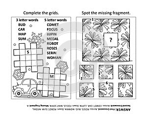 Activity page with two puzzles. Black and white, printable. Answers included.