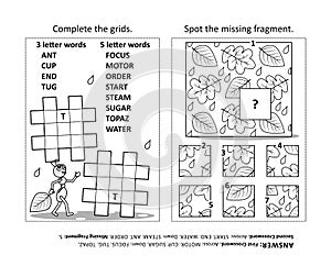 Activity page with two puzzles. Black and white, printable. Answers included.