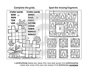 Activity page with two puzzles. Black and white, printable. Answers included.