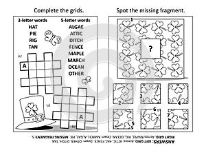Activity page with two puzzles. Fill-in crossword puzzle. Spot the missing fragment. St. Patrick\'s Day holiday motives.