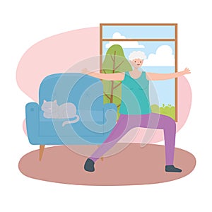 Activity seniors, grandma stretching in living room with cat in the sofa