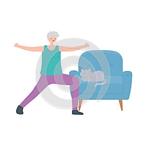 Activity seniors, grandma stretching in living room with cat in the sofa