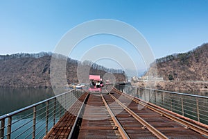 Activity trolley tram running on railway track