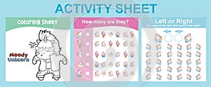 3 in 1 Activity Sheet for children. Coloring and counting activity.