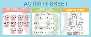 3 in 1 Activity Sheet for children. Coloring and counting activity.