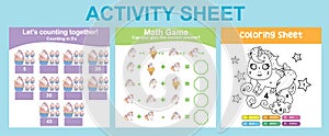 3 in 1 Activity Sheet for children. Coloring and counting activity.