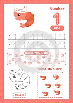 Activity worksheets for kids education with many exercises. Number 1. Trace, color, count on one page. Shrimp